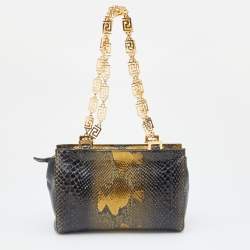 Pre Owned Versace Black/Gold Python and Leather Medusa Studded Chain Shoulder Bag