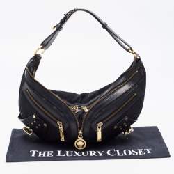Versace Black Monogram Fabric and Leather Biker Hobo
