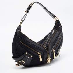 Versace Black Monogram Fabric and Leather Biker Hobo