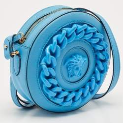 Pre Owned Versace Light Blue Leather La Medusa Round Crossbody Bag