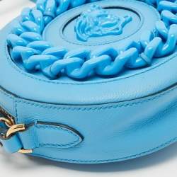 Pre Owned Versace Light Blue Leather La Medusa Round Crossbody Bag