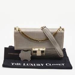 Pre Owned Versace Light Gold Textured Leather Diamante Flap Shoulder Bag