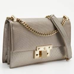 Pre Owned Versace Light Gold Textured Leather Diamante Flap Shoulder Bag