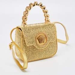 Versace Gold Satin Mini Limited Edition Crystal Embellished Top Handle Bag