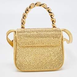 Versace Gold Satin Mini Limited Edition Crystal Embellished Top Handle Bag