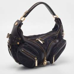 Versace Brown/Black Signature Fabric and Leather Biker Hobo