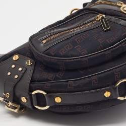Versace Brown/Black Signature Fabric and Leather Biker Hobo