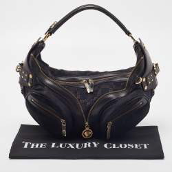 Versace Brown/Black Signature Fabric and Leather Biker Hobo