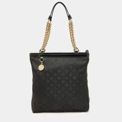 Pre Owned Versace Black Signature Fabric and Patent Leather Shopper Chain Tote