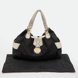 Pre Owned Versace Black/Gold Monogram Nylon and Leather Medusa Plaque Tote