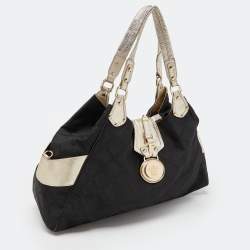 Pre Owned Versace Black/Gold Monogram Nylon and Leather Medusa Plaque Tote