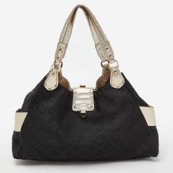 Pre Owned Versace Black/Gold Monogram Nylon and Leather Medusa Plaque Tote