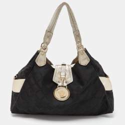 Pre Owned Versace Black/Gold Monogram Nylon and Leather Medusa Plaque Tote