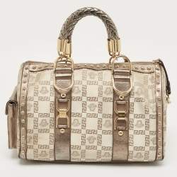 Versace Pale Gold/Beige Signature Fabric and Leather Snap Out Of It Satchel