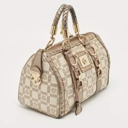 Versace Pale Gold/Beige Signature Fabric and Leather Snap Out Of It Satchel