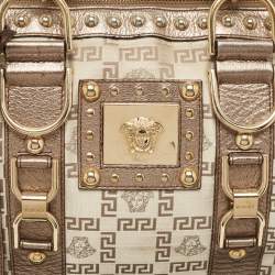 Versace Pale Gold/Beige Signature Fabric and Leather Snap Out Of It Satchel