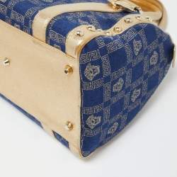Versace Gold/Blue Monogram Fabric and Leather Studded Snap Out Of It Satchel