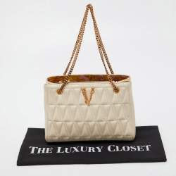 Versace Beige Quilted Leather Virtus Chain Tote