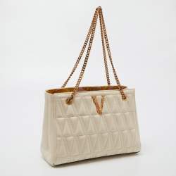 Versace Beige Quilted Leather Virtus Chain Tote