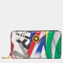 Versace Multicolor Print Leather Zip Around Wallet 
