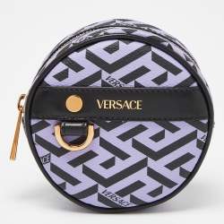 Versace Purple/Black La Greca Coated Canvas and Leather Round Zip Pouch