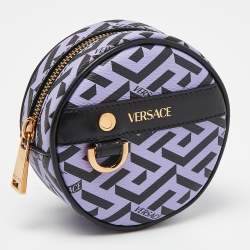 Versace Purple/Black La Greca Coated Canvas and Leather Round Zip Pouch