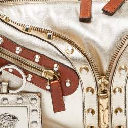 Pre Owned Versace Gold/Brown Leather Studded Front Pocket Bag