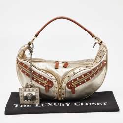 Pre Owned Versace Gold/Brown Leather Studded Front Pocket Bag
