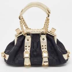 Pre Owned Versace Black/Gold Monogram Fabric and Leather Madonna Framed Satchel