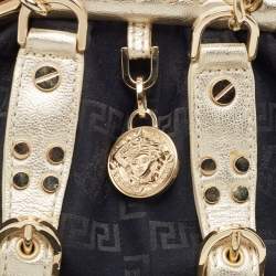 Pre Owned Versace Black/Gold Monogram Fabric and Leather Madonna Framed Satchel