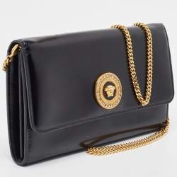 Pre Owned Versace Black Leather Crystals La Medusa Chain Clutch