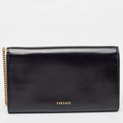 Pre Owned Versace Black Leather Crystals La Medusa Chain Clutch