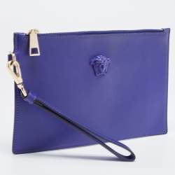 Pre Owned Versace Indigo Leather La Medusa Wristlet Pouch