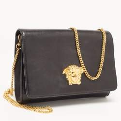 Pre Owned Versace Black Leather La Medusa Flap Chain Clutch