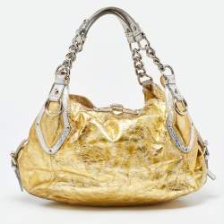Pre Owned Versace Yellow/Silver Crinkled Hologram Patent Leather Medusa Flap Hobo 