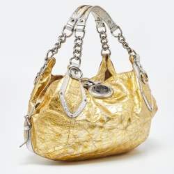 Pre Owned Versace Yellow/Silver Crinkled Hologram Patent Leather Medusa Flap Hobo 