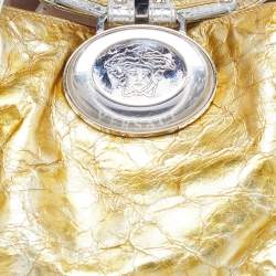 Pre Owned Versace Yellow/Silver Crinkled Hologram Patent Leather Medusa Flap Hobo 