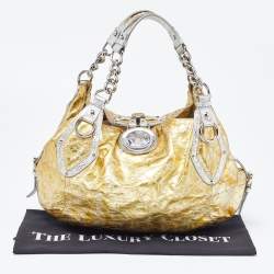 Pre Owned Versace Yellow/Silver Crinkled Hologram Patent Leather Medusa Flap Hobo 