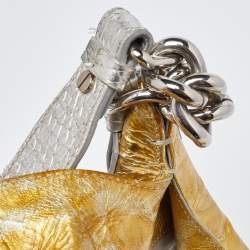 Pre Owned Versace Yellow/Silver Crinkled Hologram Patent Leather Medusa Flap Hobo 