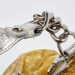 Pre Owned Versace Yellow/Silver Crinkled Hologram Patent Leather Medusa Flap Hobo 