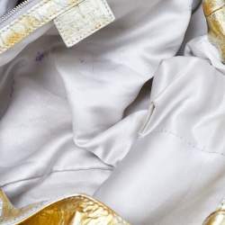 Pre Owned Versace Yellow/Silver Crinkled Hologram Patent Leather Medusa Flap Hobo 