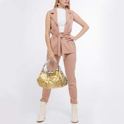 Pre Owned Versace Yellow/Silver Crinkled Hologram Patent Leather Medusa Flap Hobo 