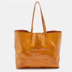 Pre Owned Versace Orange Patent Leather Medusa Icon Shopper Tote