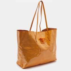 Pre Owned Versace Orange Patent Leather Medusa Icon Shopper Tote