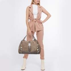 Versace Grey Leather Metal Embellished Hobo