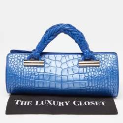 Pre Owned Versace Metallic Blue Croc Embossed Leather Frame Satchel