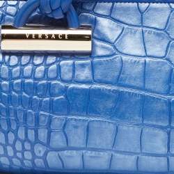 Pre Owned Versace Metallic Blue Croc Embossed Leather Frame Satchel