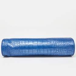 Pre Owned Versace Metallic Blue Croc Embossed Leather Frame Satchel