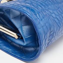 Pre Owned Versace Metallic Blue Croc Embossed Leather Frame Satchel