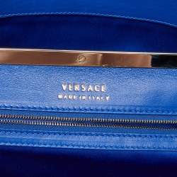 Pre Owned Versace Metallic Blue Croc Embossed Leather Frame Satchel